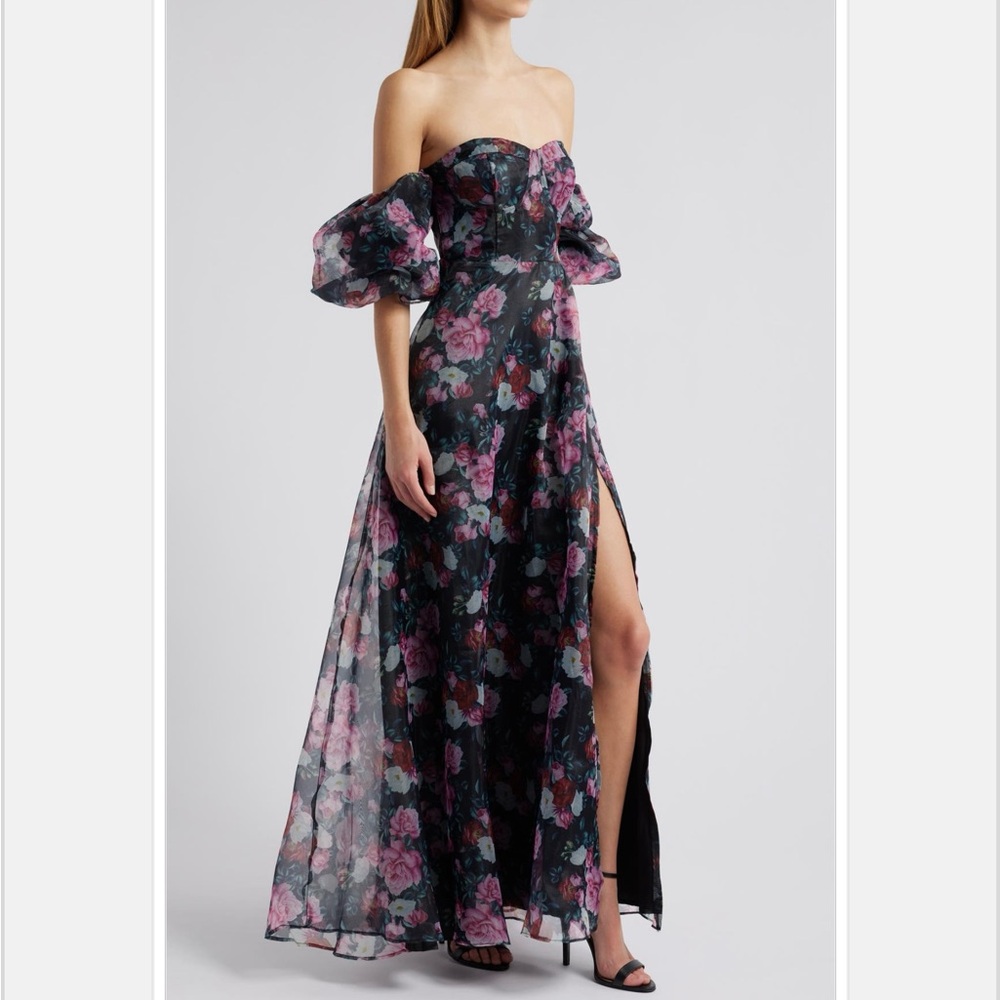 Lulus Floral Bustier Off-The-Shoulder Puff Sleeves Gown XL